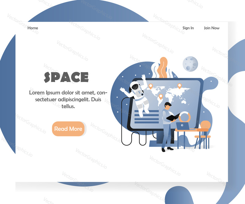 Шаблон космической целевой страницы. Векторная иллюстрация технологий освоения космоса. Концепция компьютерных технологий и освоения космоса для разработки веб-сайтов и мобильных сайтов.