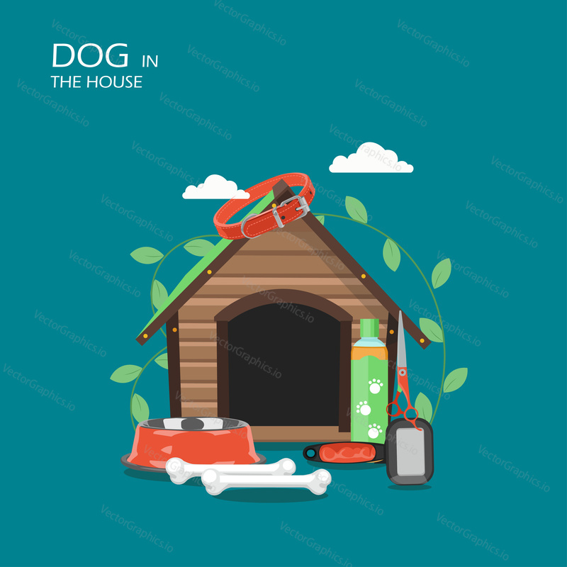 Dog in the house vector flat style design illustration. Doghouse, collar, food bowl, bones, shampoo, brush and scissors. Pet care, dog grooming supplies for web banner, website page etc.