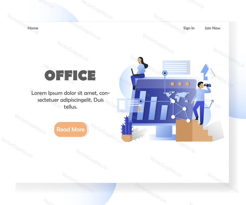 Office landing page template. Vector illustration of big computer with future technology ip dashboard, business people. Business vision strategy analysis concept for website, mobile site development.