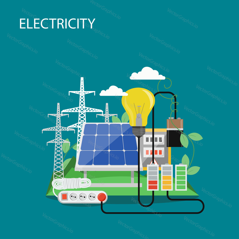 Electricity concept vector flat illustration. High voltage power lines, solar panel, light bulb, extension cord. Electric power production and consumption composition for web banner, website page etc