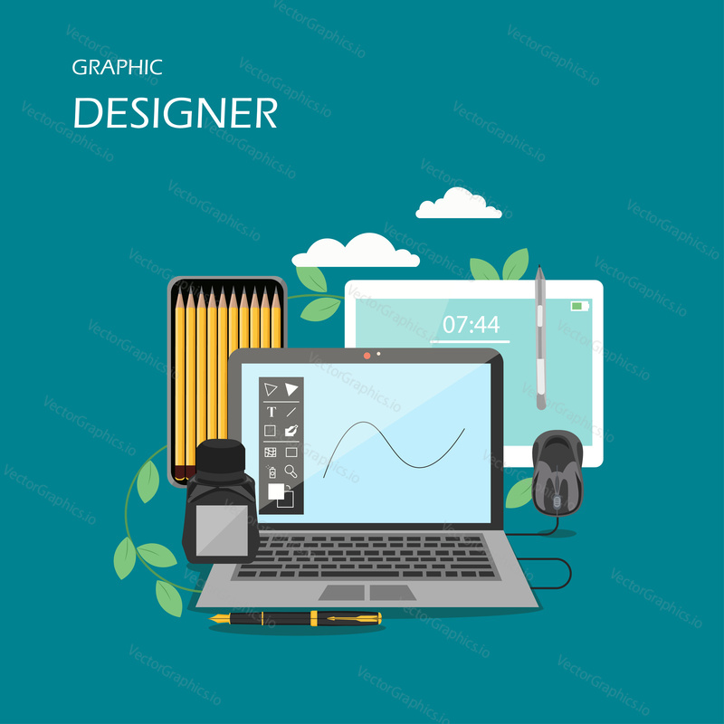 Graphic designer vector flat style design illustration. Graphics tablet, laptop, pencils, ink, ink pen. Designer workspace, equipment and tools for web banner, website page etc.