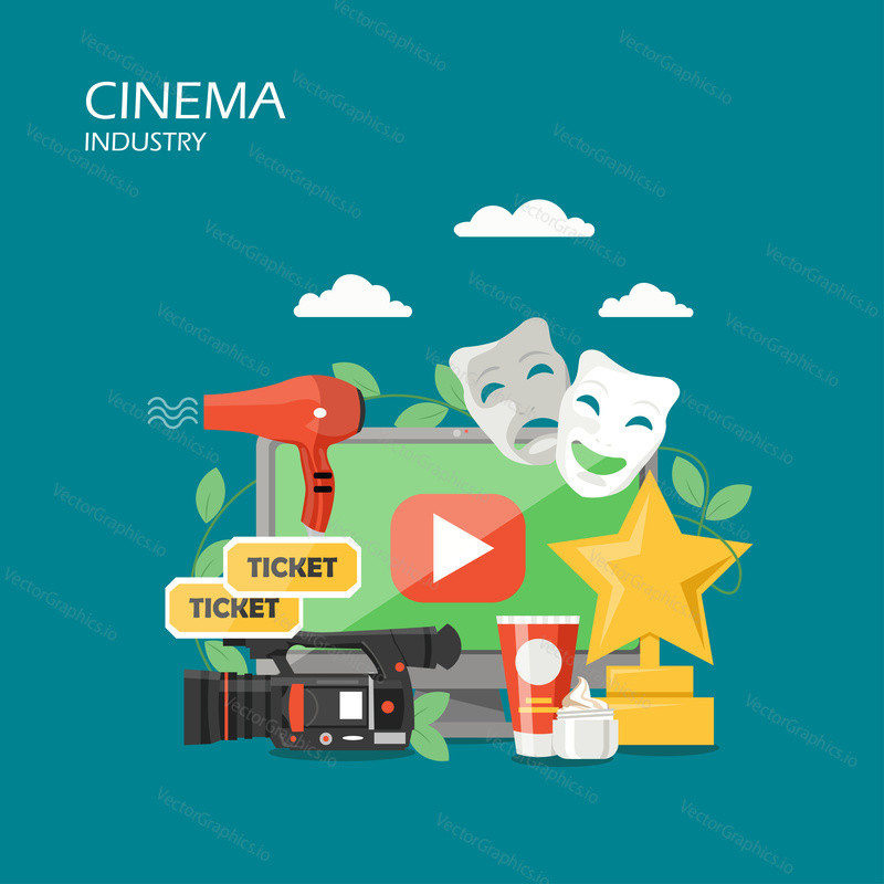 Cinema industry vector flat illustration. Computer camcorder tragedy and comedy masks tickets hairdryer makeup products and film festival trophy. Cinematography concept for web banner website page etc