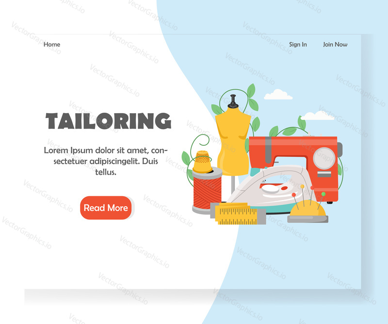Tailoring vector website template, web page and landing page design for website and mobile site development. Sewing machine, dummy, thimble, pins, pincushion, thread, iron, tape measure.
