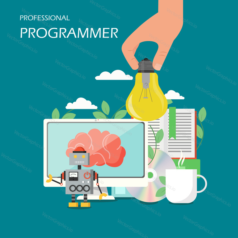 Professional programmer vector flat style design illustration. Hand holding lightbulb, desktop computer with human brain, robot etc. Software developer engineer concept for web banner, website page.