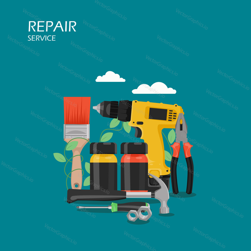 Repair service vector flat style design illustration. Drill, hammer, screwdriver, pliers, nuts, paintbrush, paint jars. Hand tools for home renovation and decoration for web banner, website page etc.
