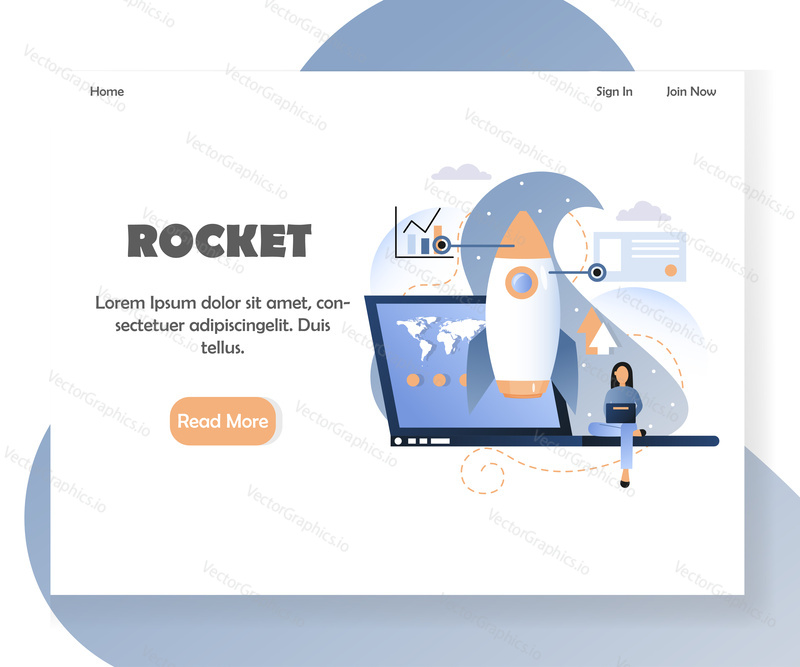 Rocket landing page template. Vector illustration of big laptop, space rocket and woman analyzing data of statistics graphs. Business project startup concept for website and mobile site development.