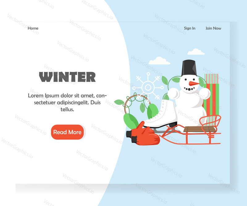 Winter vector website template, web page and landing page design for website and mobile site development. Cute snowman, skate, earmuff, sled, warm mittens and scarf, snowflake.