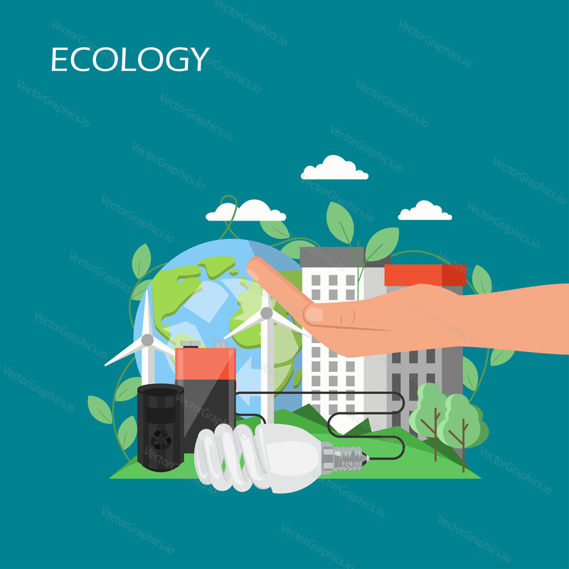 Ecology concept vector flat illustration. ECO friendly city with wind turbines, planet earth with recycle symbol, energy saving fluorescent lamp, hand holding green sprout. Save nature poster, banner.