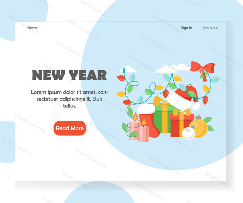 New Year vector website template, web page and landing page design for website and mobile site development. Santa hat, gift boxes, candles, christmas stocking and balls.