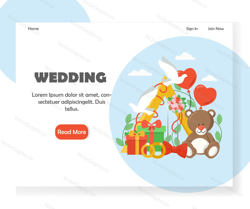 Wedding agency landing page template. Vector flat style design concept for wedding website and mobile site development. Two doves, rings, balloons, gift boxes, bouquet of flowers, teddy bear etc.
