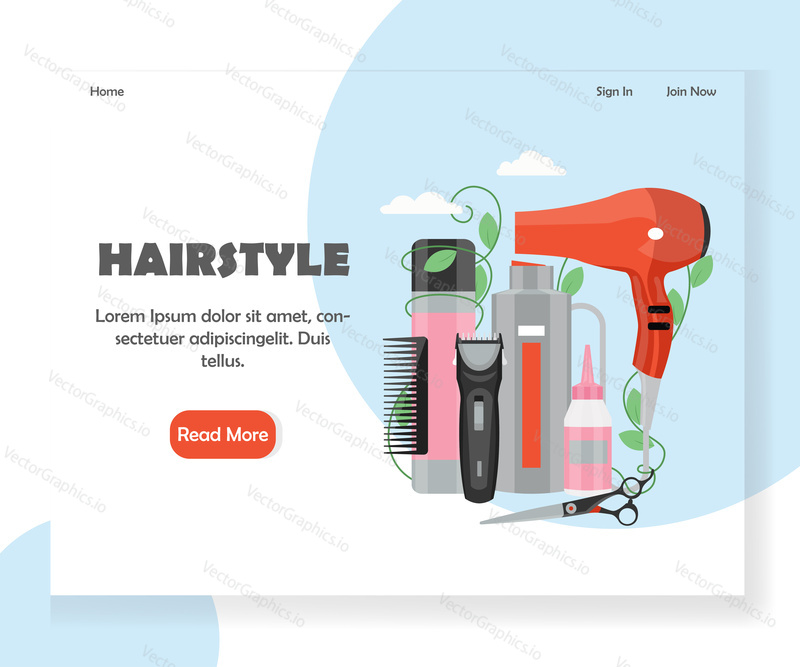Hairstyle landing page template. Vector flat style design concept for hair and beauty salon website and mobile site development. Comb, hairdryer, scissors, hair clipper, other hairdressing accessories