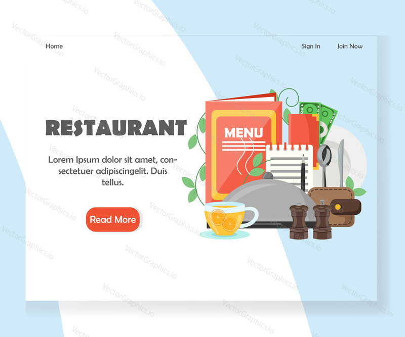 Restaurant landing page template. Vector flat style design concept for cafe restaurant website and mobile site development. Tableware, menu, notepad with pen, serving platter with dome lid, wallet etc