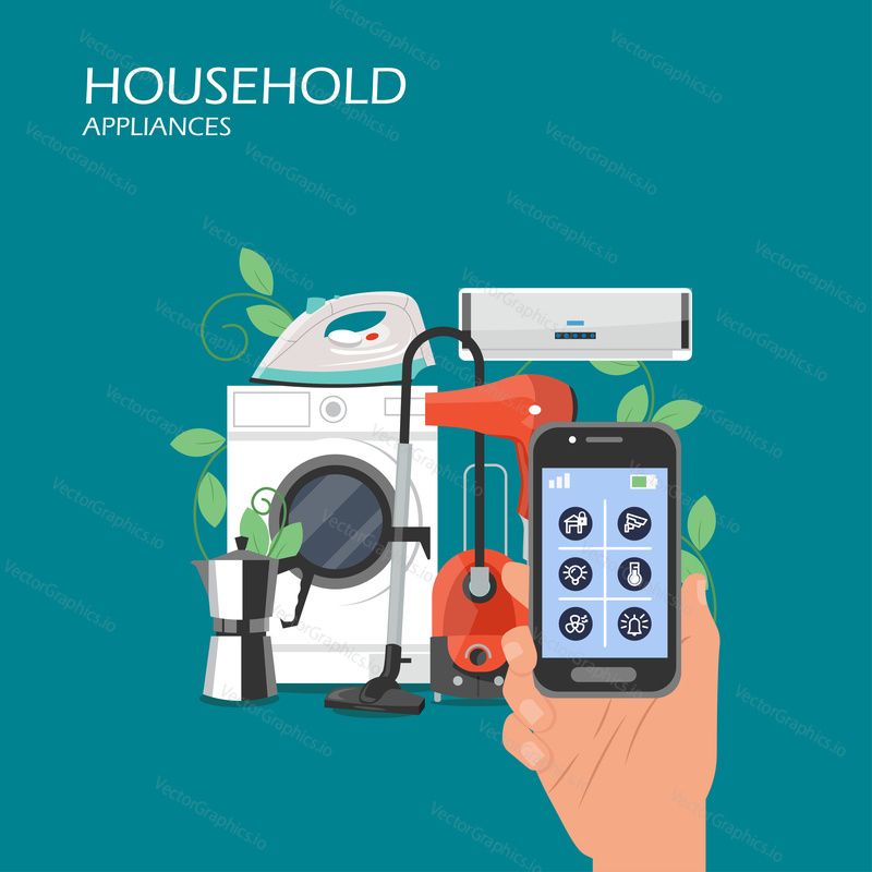 Household appliances vector flat illustration. Hand holding smartphone with remote control app, smart home appliances washer, vacuum cleaner, air conditioner, hair dryer, iron. Smart house technology.