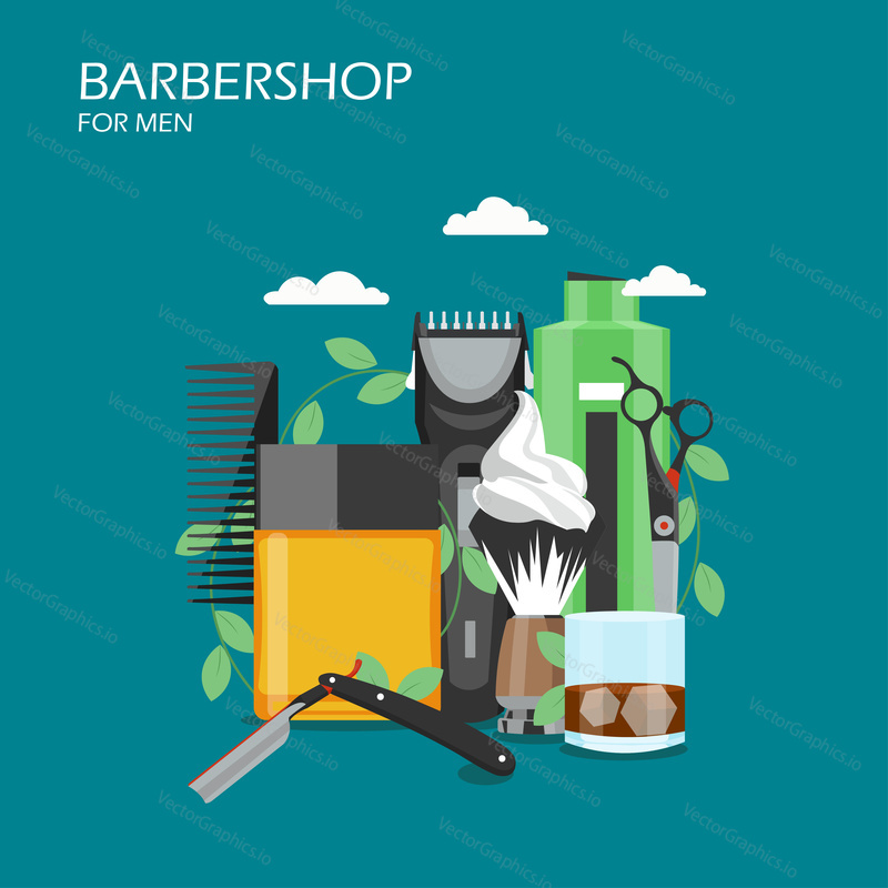 Vector flat style design illustration of comb, aftershave, straight razor, shaving brush with foam, hair clipper, scissors, shampoo. Barbershop services concept for web banner, website page etc.