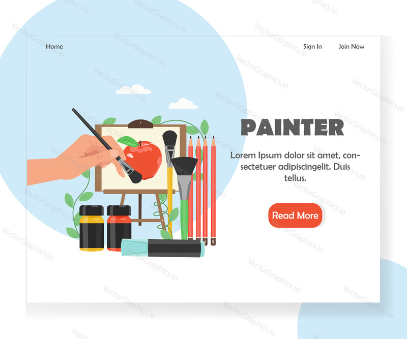 Painter landing page template. Vector flat style design concept for artist website and mobile site development. Human hand drawing apple on easel, paint bottles, paintbrushes, pencils, marker.
