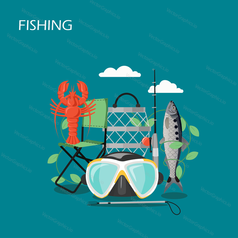 Fishing vector flat style design illustration. Fishing rod, harpoon, mask, chair, fish, lobster. Equipment and supplies for catching fish and crayfish for web banner, website page etc.