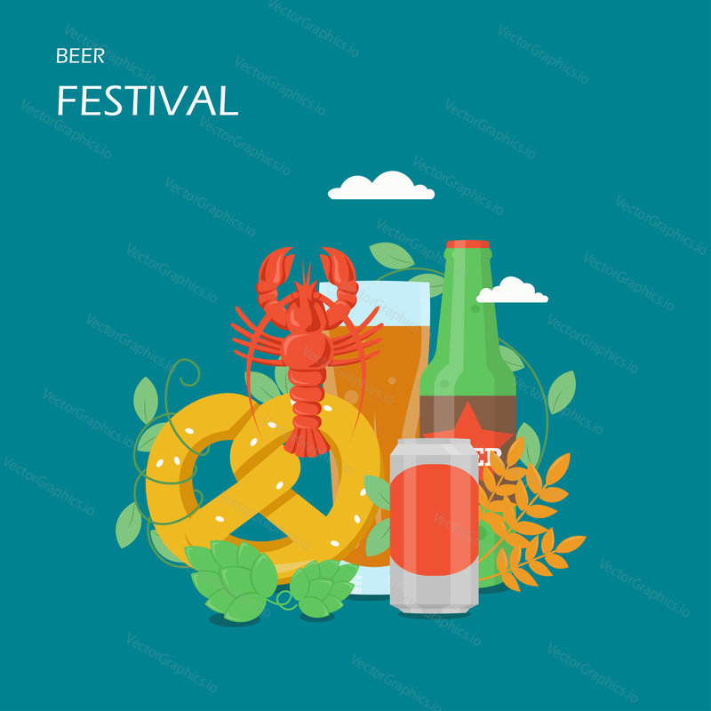 Beer festival vector flat illustration. Bottle and mug of beer, can, pretzel, wheat ears, hops, lobster, bottle opener. Oktoberfest celebration concept for web banner, website page etc.