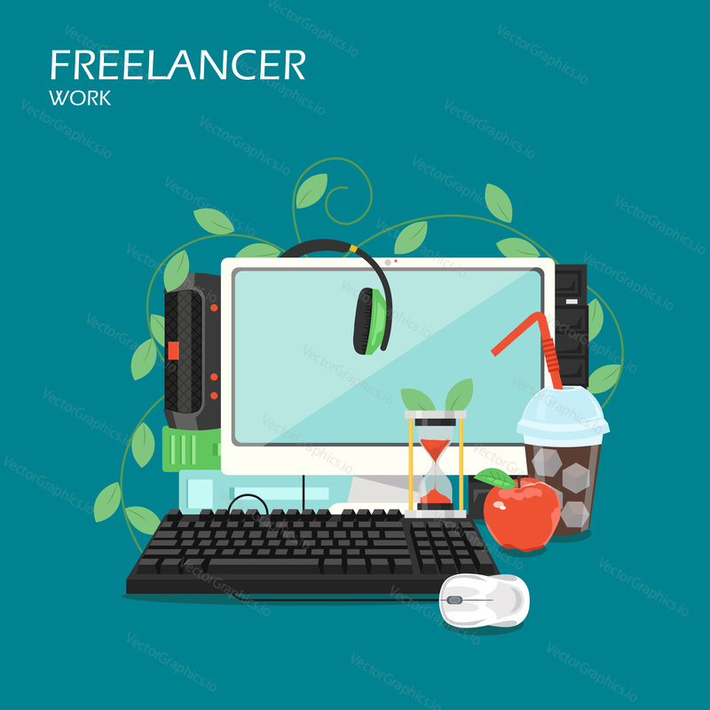 Freelancer work vector flat illustration. Desktop computer, loud speaker, keyboard with mouse, headphones, hourglass, cup of iced coffee. Freelance service concept for web banner, website page etc.