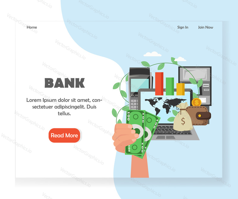 Bank vector website template, web page and landing page design for website and mobile site development. Hand holding dollar banknotes, laptop with world map on screen, pin pad, money bag, wallet, ATM.
