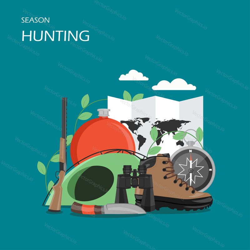 Hunting season vector flat style design illustration. Hunting rifle, knife, tent, map, binoculars, hip flask, compass and boot. Hunter equipment and supplies for web banner, website page etc.