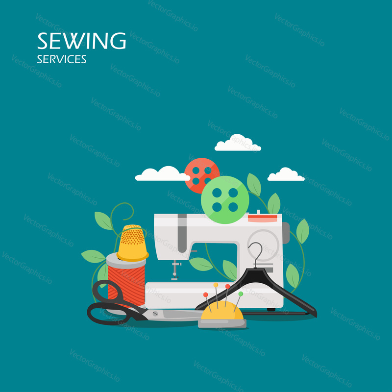 Sewing services vector flat style design illustration. Sewing machine, scissors, buttons, hanger, pins, pincushion, thread. Tailoring tools and equipment composition for web banner, website page etc.