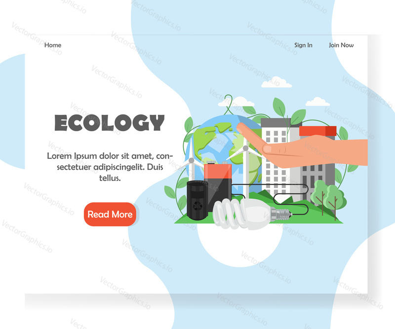 Ecology landing page template. Vector flat style design concept for environmental website and mobile site development. Wind turbines, planet Earth with recycle symbol, hand holding green sprout etc.