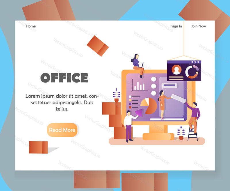 Office vector website template, web page and landing page design for website and mobile site development. Business workflow management, office situations, data analysis concepts.