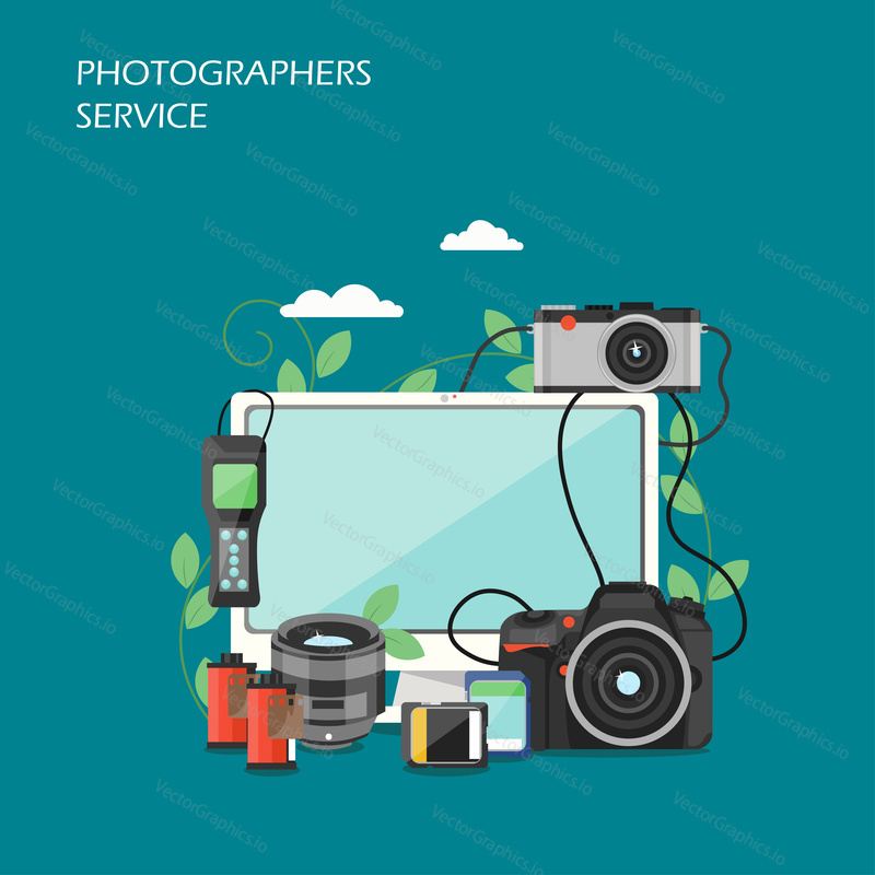 Photographers service vector flat style design illustration. Computer, camera, digital camera, photographic films, memory cards. Professional photography concept for web banner, website page etc.
