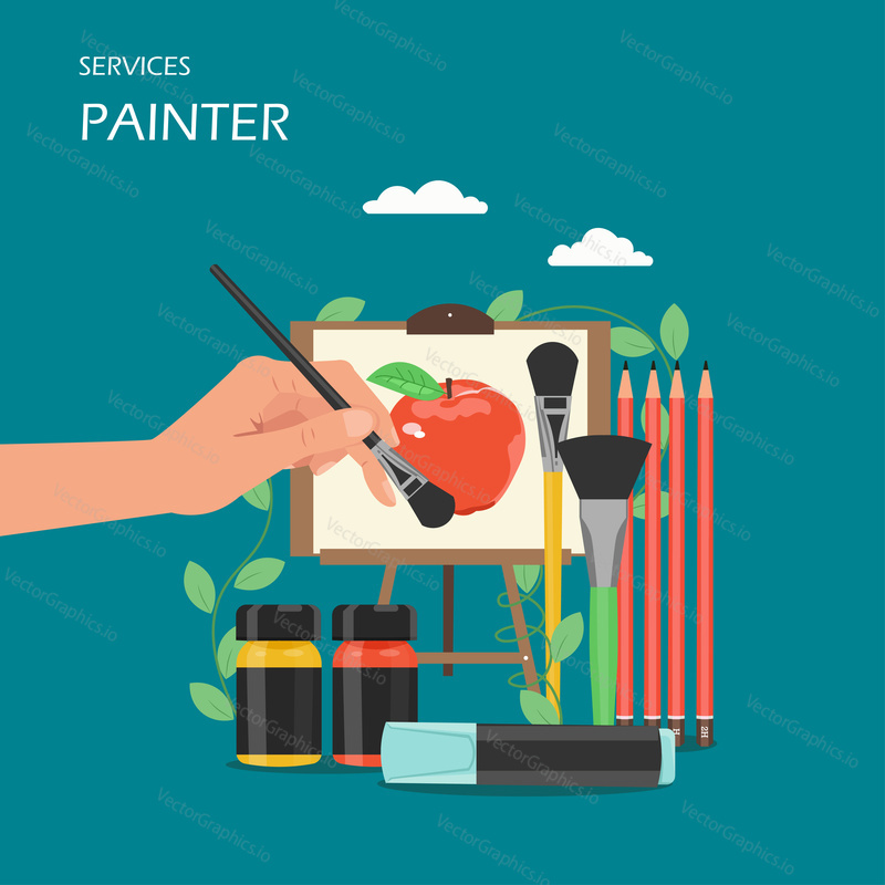 Векторная иллюстрация дизайна в плоском стиле человеческой руки, рисующей яблоко на мольберте, бутылки с краской, кисти, карандаши, маркер. Концепция услуг художника для веб-баннера, страницы веб-сайта и т.д.