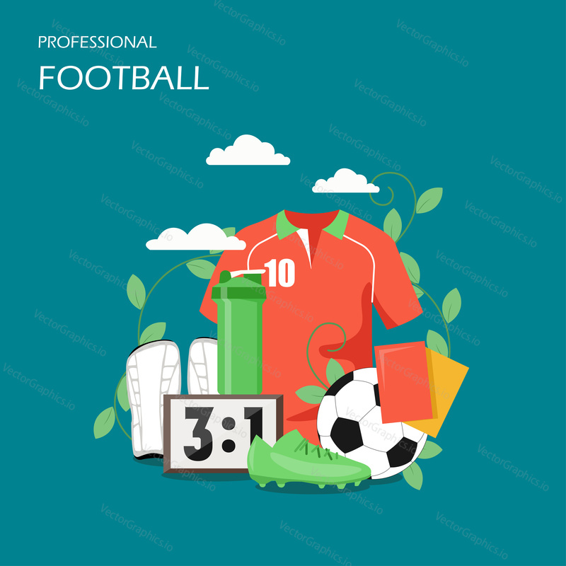 Professional football vector flat style design illustration. Soccer ball, jersey, referee cards, scoreboard, shaker, pair of shin pads, boot. Football composition for web banner, website page etc.
