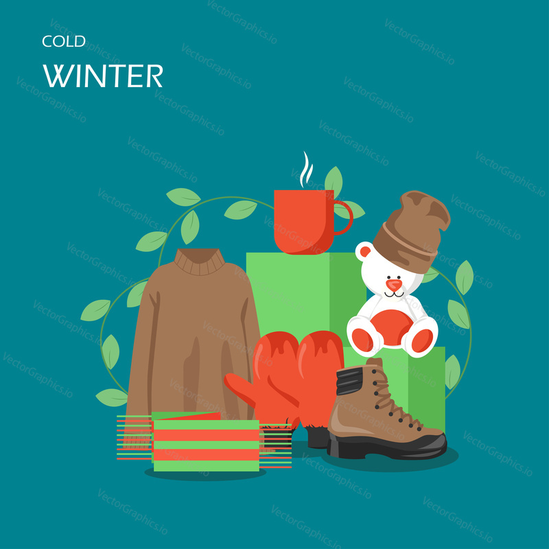 Cold winter vector flat style design illustration. Warm sweater, scarf, hat and mittens, boot, teddy bear, cup of hot tea. Winter composition for web banner, website page etc.