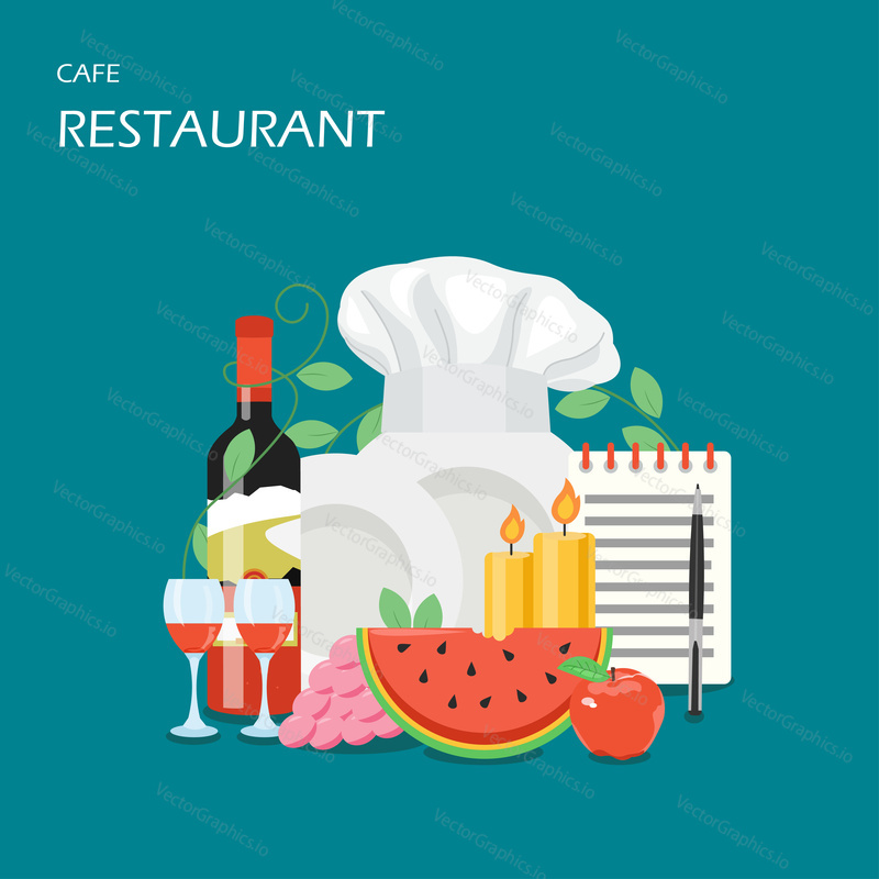 Vector flat style design illustration of chef hat, candles, wineglasses, wine bottle, crockery, notepad with pen, fruits. Cafe or restaurant services concept for web banner, website page etc.