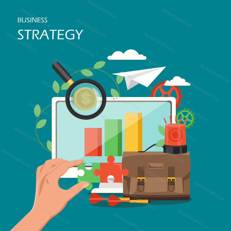 Business strategy vector flat style design illustration. Computer with growing graph, briefcase, magnifier, darts, siren, hand holding jigsaw puzzles. Business concept for web banner website page etc.