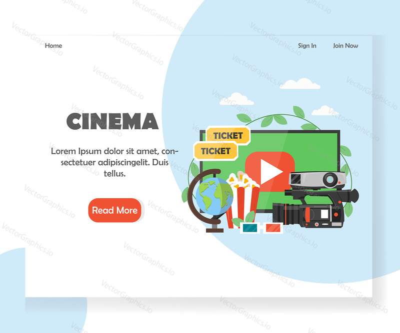 Cinema landing page template. Vector flat style design concept for movie streaming website and mobile site development. Movies, showtimes, tickets online.