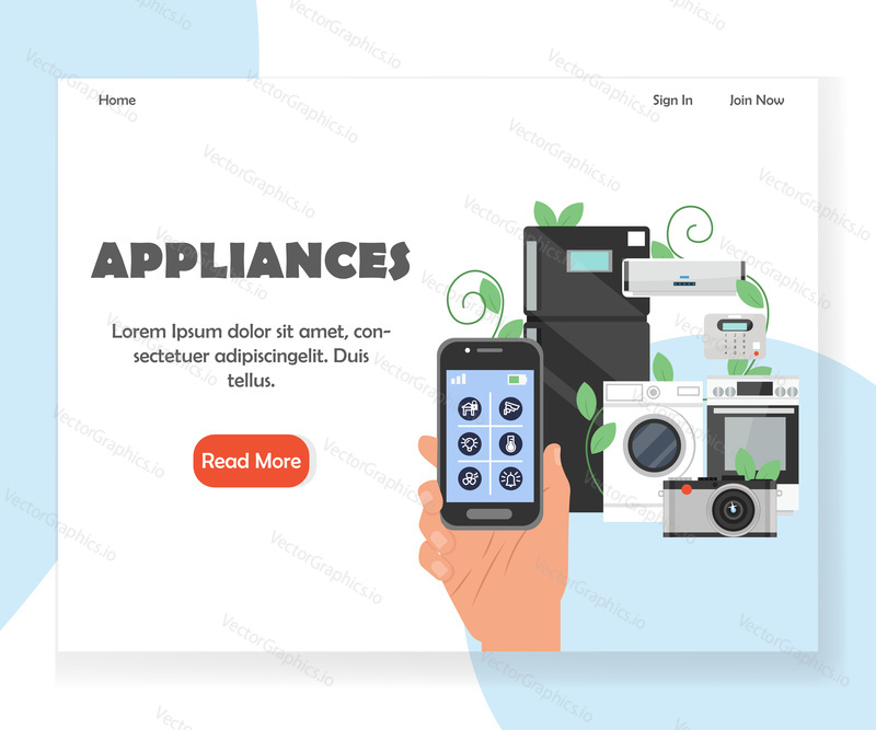Smart household appliances landing page template. Vector flat style design concept for website and mobile site development. IOT or home automation technology.