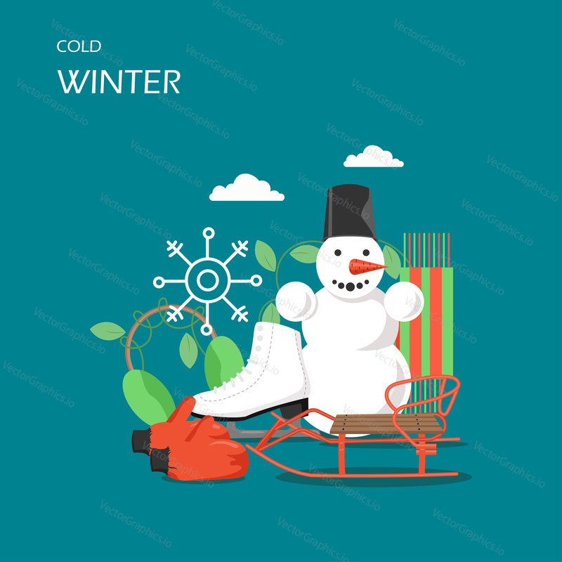 Cold winter vector flat style design illustration. Snowman, skate, earmuff, sled, warm mittens and scarf, snowflake. Winter composition for web banner, website page etc.
