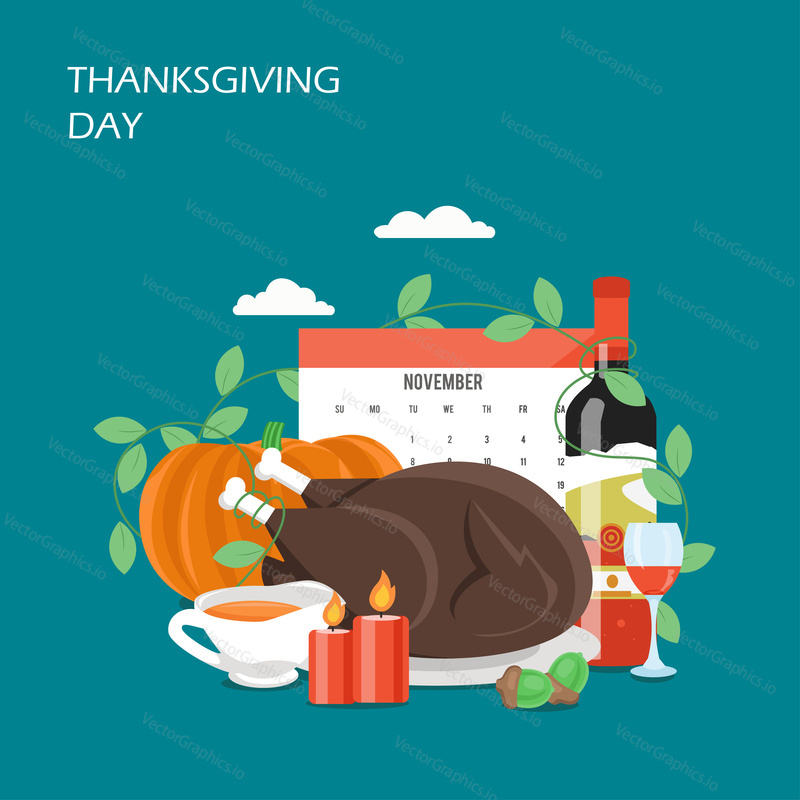 Thanksgiving Day vector flat illustration. Traditional roasted turkey, red wine, acorns, pumpkin, candles and calendar. Happy Thanksgiving Day celebration concept for web banner, website page etc.