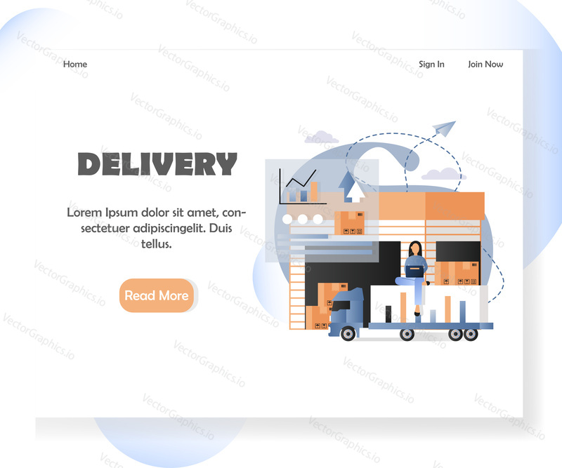 Delivery company landing page template. Vector illustration of warehouse, female sitting on delivery truck with bar diagram, parcels. Worldwide delivery concept for website, mobile site development.