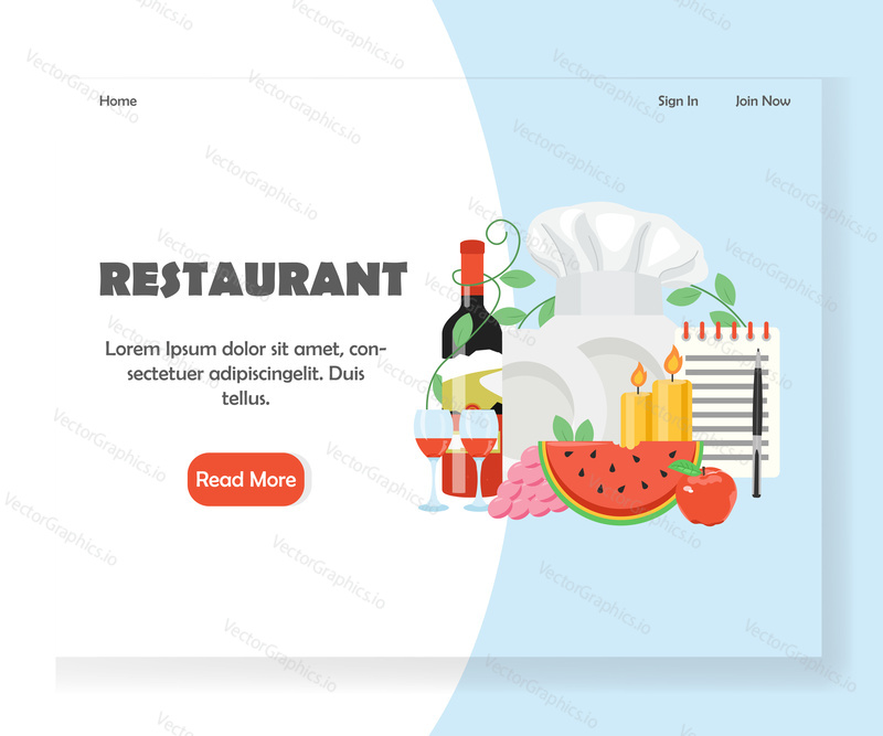 Restaurant landing page template. Vector flat style design concept for cafe or restaurant website and mobile site development. Chef hat, candles, wineglasses, wine bottle, crockery, notepad with pen.