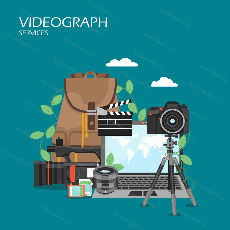 Videographer services vector flat style design illustration. Laptop, camcorder, tripod, memory cards, clapperboard. Professional videography concept for web banner, website page etc.