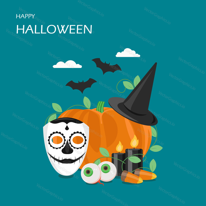 Happy Halloween vector flat illustration. Pumpkin, sugar skull mask, eyes, bats, candles, candy corns and witch hat. Halloween party concept for invitation card, poster, web banner, website page etc.