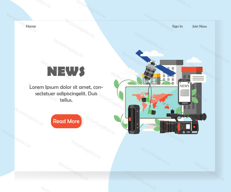 News landing page template. Vector flat style design concept for the latest world news website and mobile site development. Computer, camcorder, smartphone, loudspeaker, earphones, satellite.