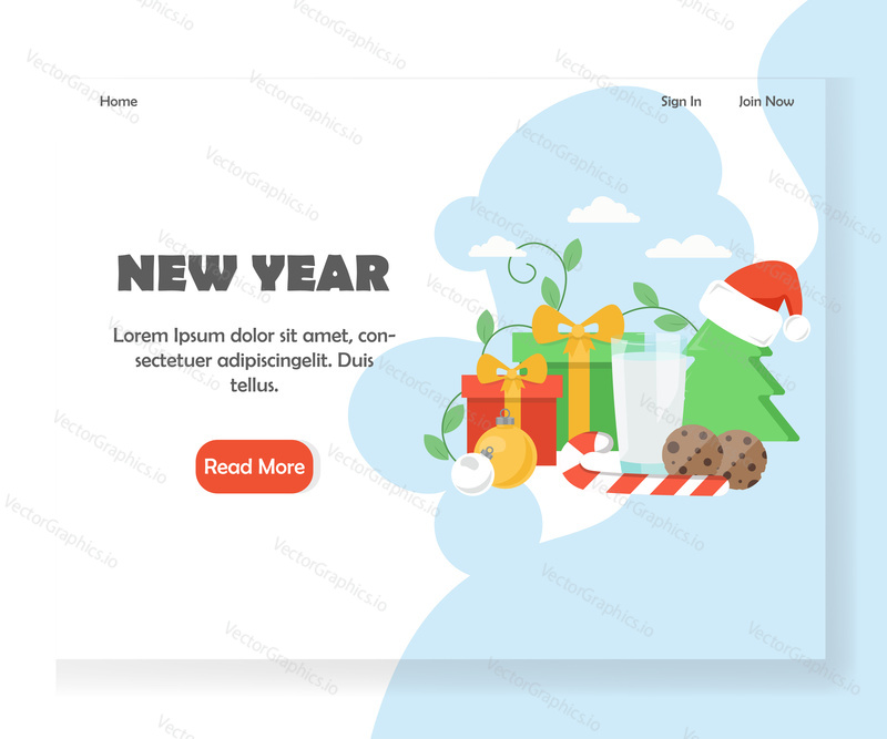New Year vector website template, web page and landing page design for website and mobile site development. Santa hat, gift boxes, glass of milk with cookies, candy cane, christmas tree and balls.