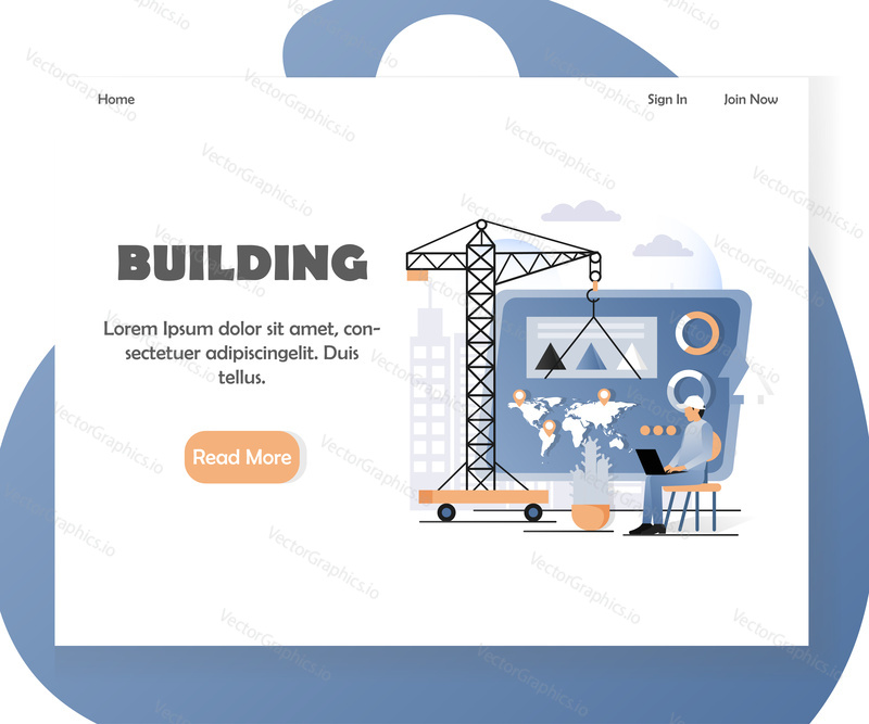 Business building landing page template. Vector illustration of construction crane building business activities diagram on dashboard. Business analysis concept for website and mobile site development.