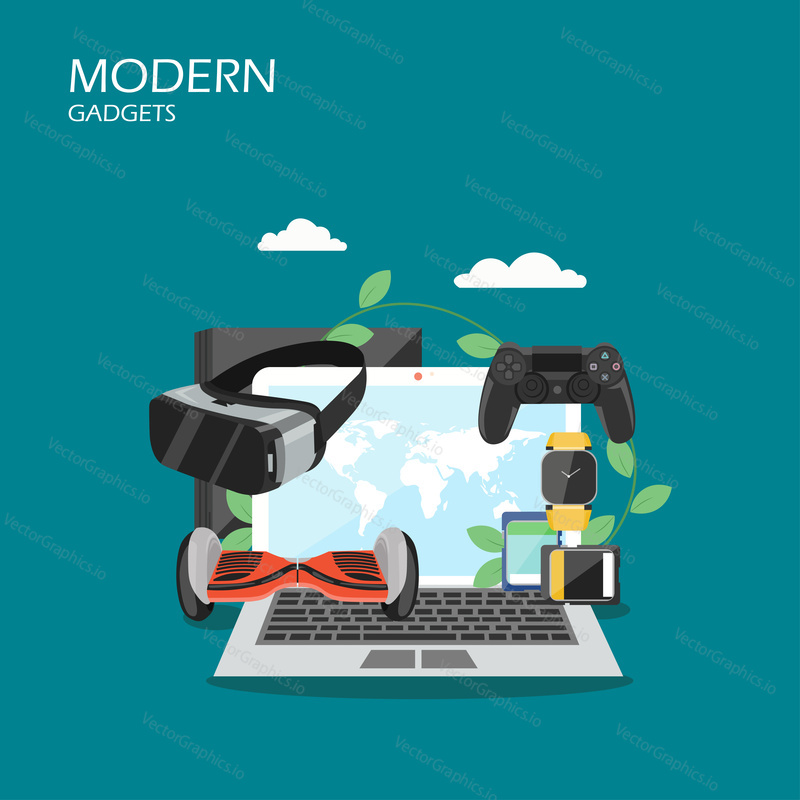 Modern gadgets vector flat style design illustration. Laptop, vr headset, smart watch, game console and controller, gyroscooter. Modern electronic device composition for web banner, website page etc.