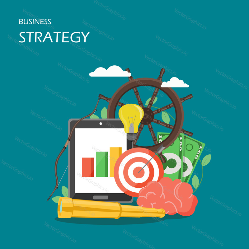 Business strategy vector flat illustration. Tablet with growing graph, target, steering wheel, telescope, human brain, light bulb. Planning, marketing strategy concept for web banner website page etc.
