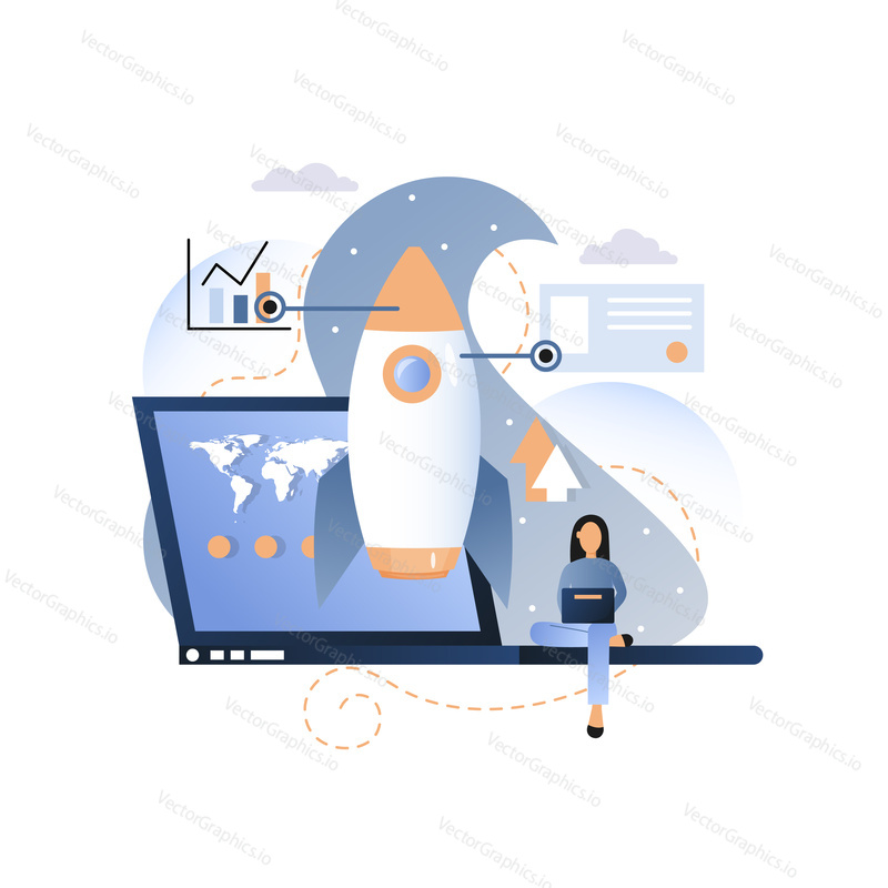 Business project startup concept vector illustration. Laptop with world map on screen, space rocket with bar diagram and businesswoman analyzing data of business statistics graphs using laptop.