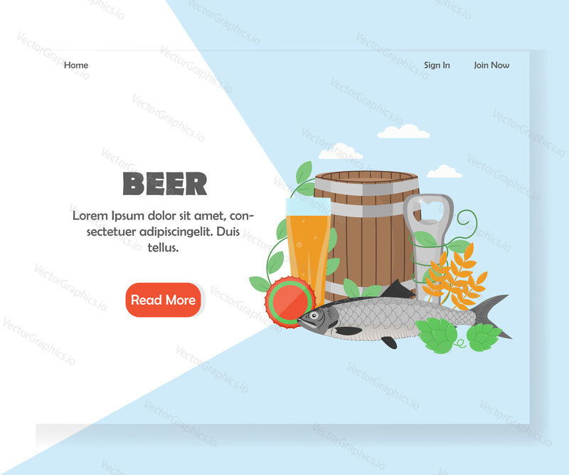 Beer landing page template. Vector flat style design concept for beer festival, party, Oktoberfest website and mobile site development. Beer with salted dried fish.