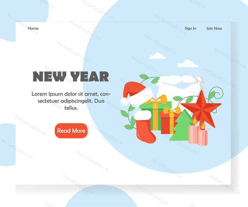 New Year vector website template, web page and landing page design for website and mobile site development. Santa hat, beard and mustache, gift boxes, christmas stocking, tree, candles, star.