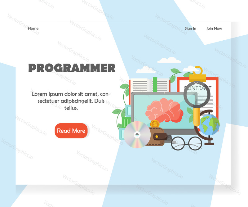 Programmer landing page template. Vector flat style design concept for software developer website and mobile site development. Computer with human brain on monitor, book, globe, glasses, compact disc.
